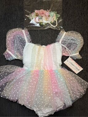 NWT Arabella & Rose Rainbow Fairy Floss Baby Girl Tulle Party Romper size 1